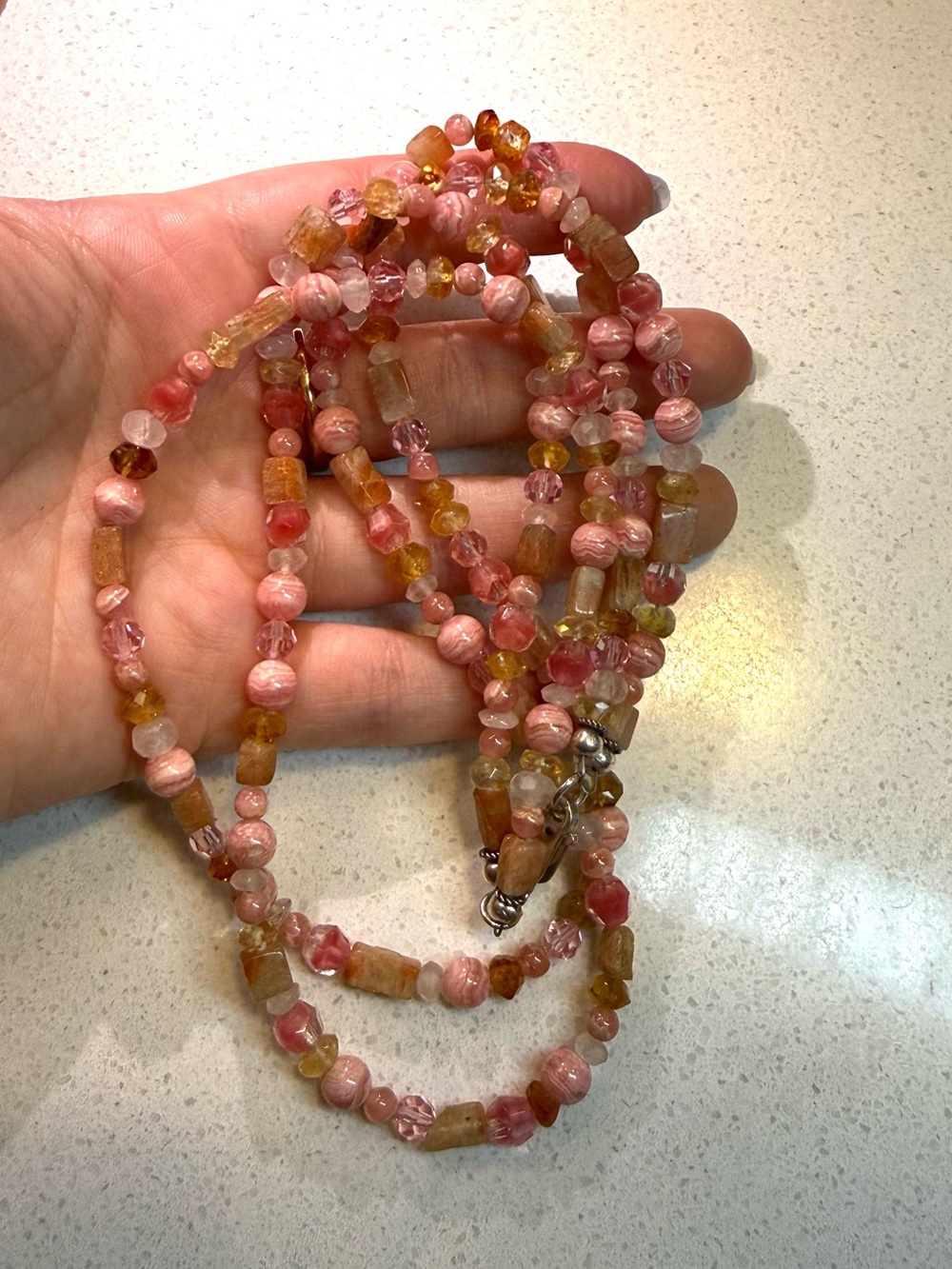 Pink Mixed Art Glass Mixed Beaded Women's Layered Necklace with 925 Clasp